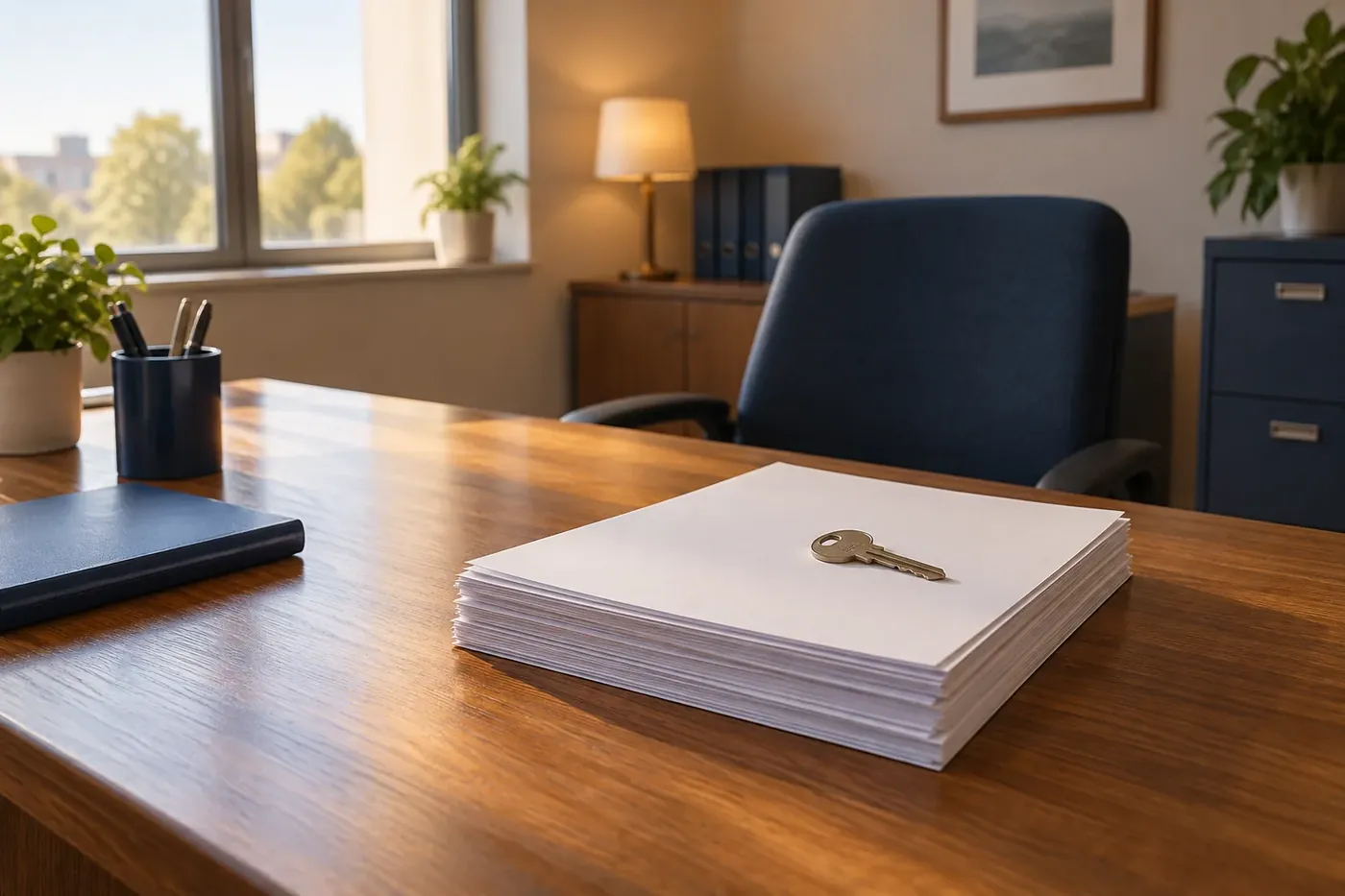 A desk with housing paperwork and a house key, illustrative of the documents and keys involved when a household applies to a public housing agency